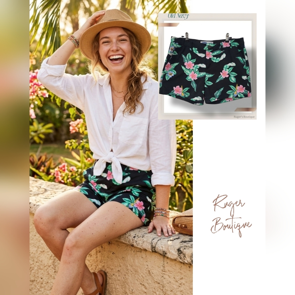 🌿Old Navy Women's size 8 Black Floral Hawaiian Tropical Print Cotton Shorts-🌺